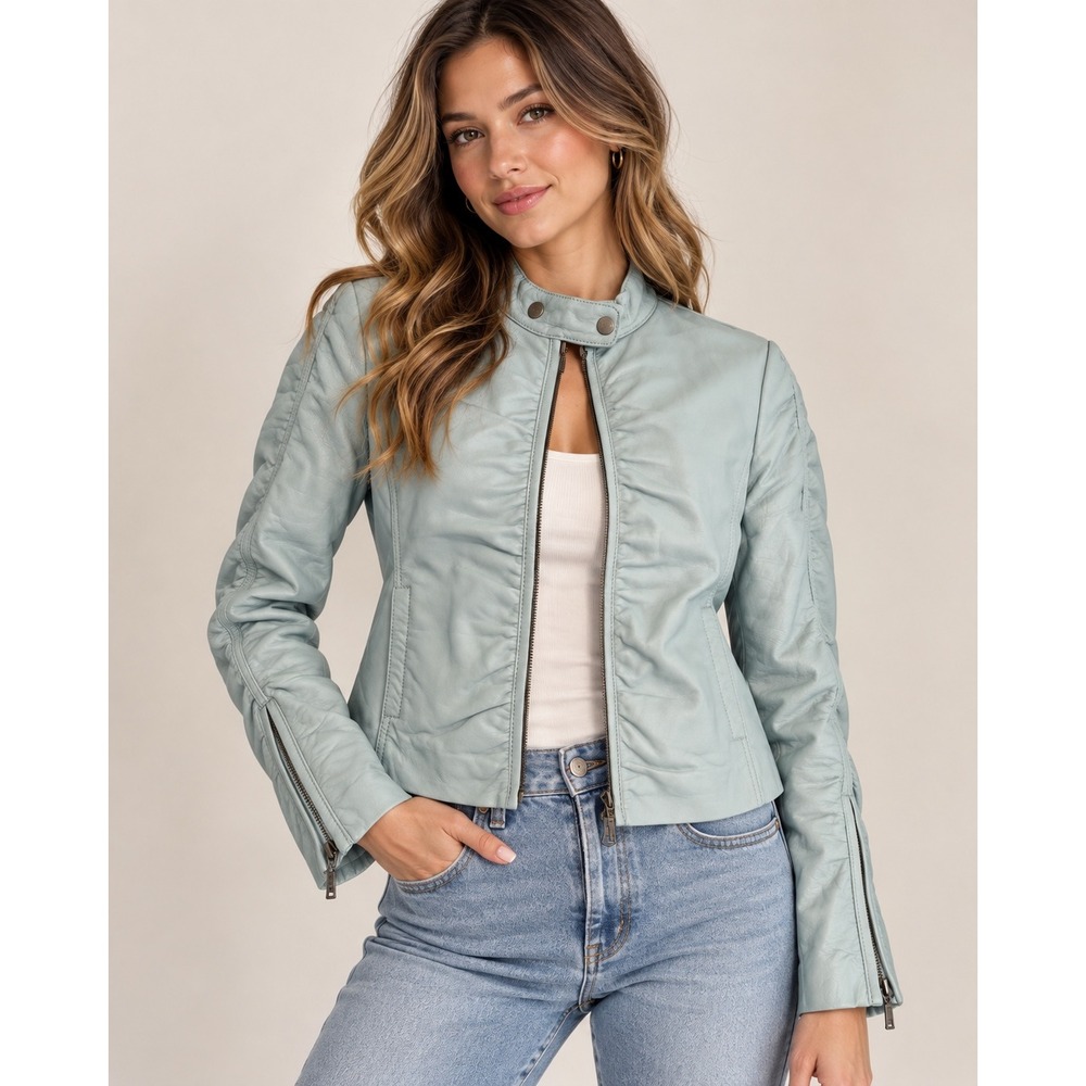 Vintage Esprit Light Blue Leather Moto Jacket Size 4 Ruched Zip Front Collar